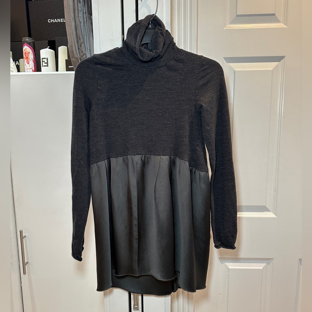 Long Sleeve Drop Waist Mini Dress Turtleneck Shift Italian Knit XS S Heather